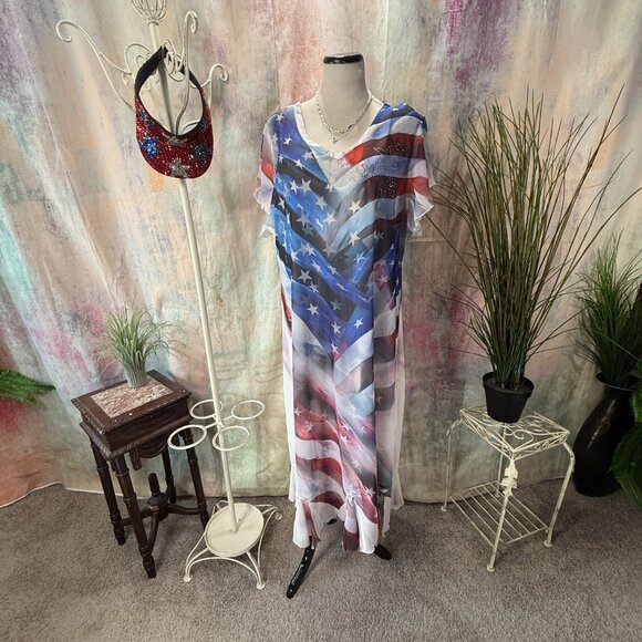 📌CLOSET FULL 4TH OF JULY Stars & Stripe Chiffon Dress with Underdress - Picture 3 of 14